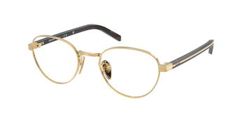 Das Bild zeigt die Prada Brille B53V in Gold leicht schräg von der Seite.